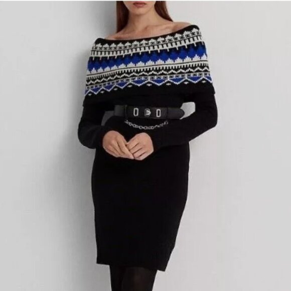 NEW Lauren Ralph Lauren Women's 1X  Off-The-Shoulder Fair Isle Sweater Dress - Picture 1 of 9